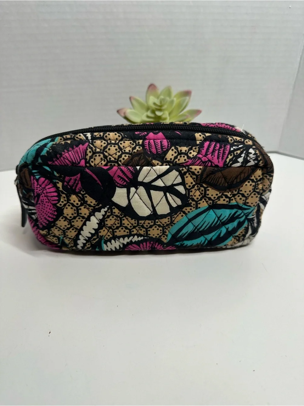 Vera Bradley Quilted Cosmetic Case in Pink Teal Cream Leaf Print